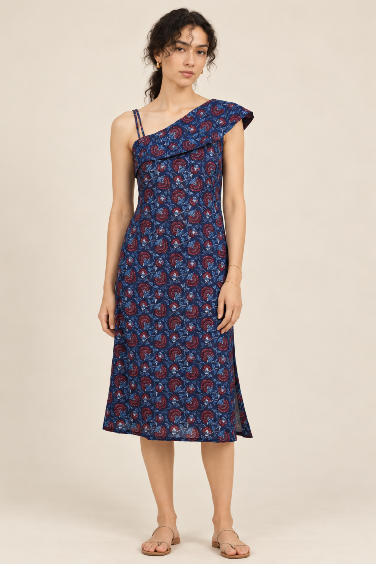Raat Rani Hand Block One-Shoulder Dress