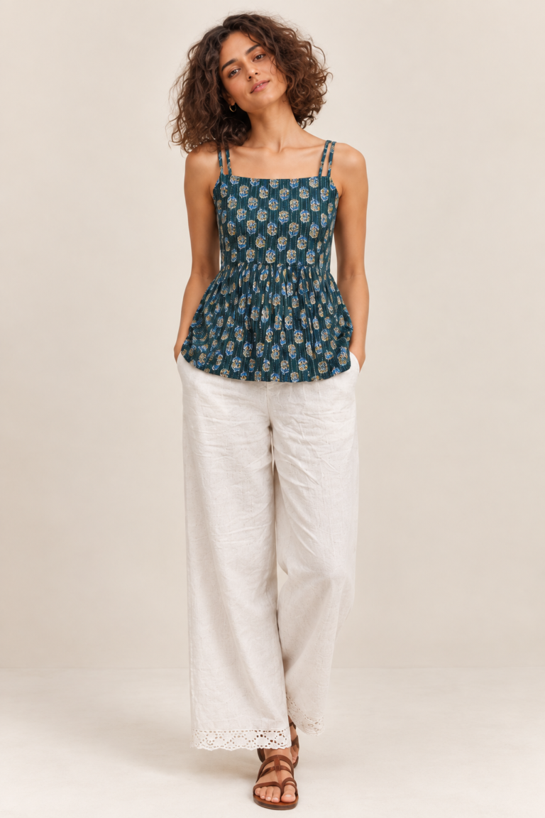 Bottle Green Floral Gathered Peplum Top